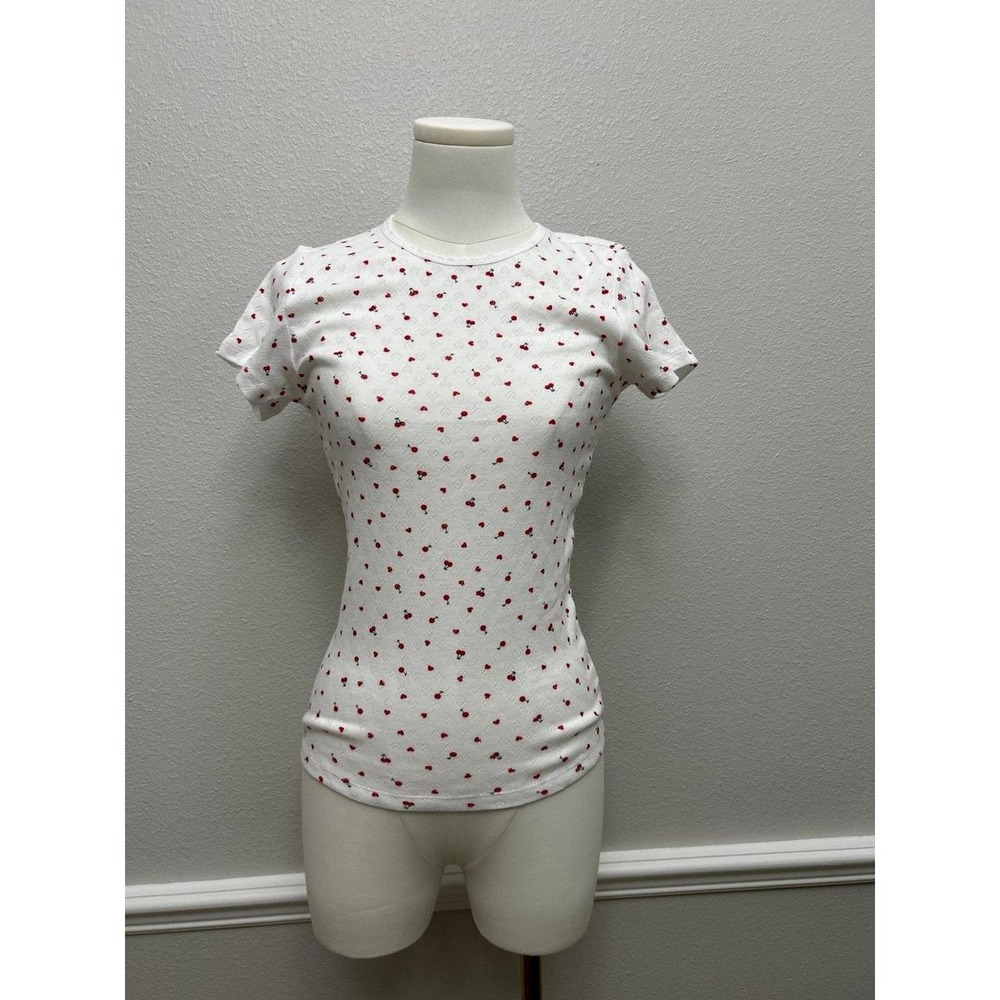 NWT Victoria's Secret PINK Pointelle Tee Cherry Heart Print White Short Sleeve M